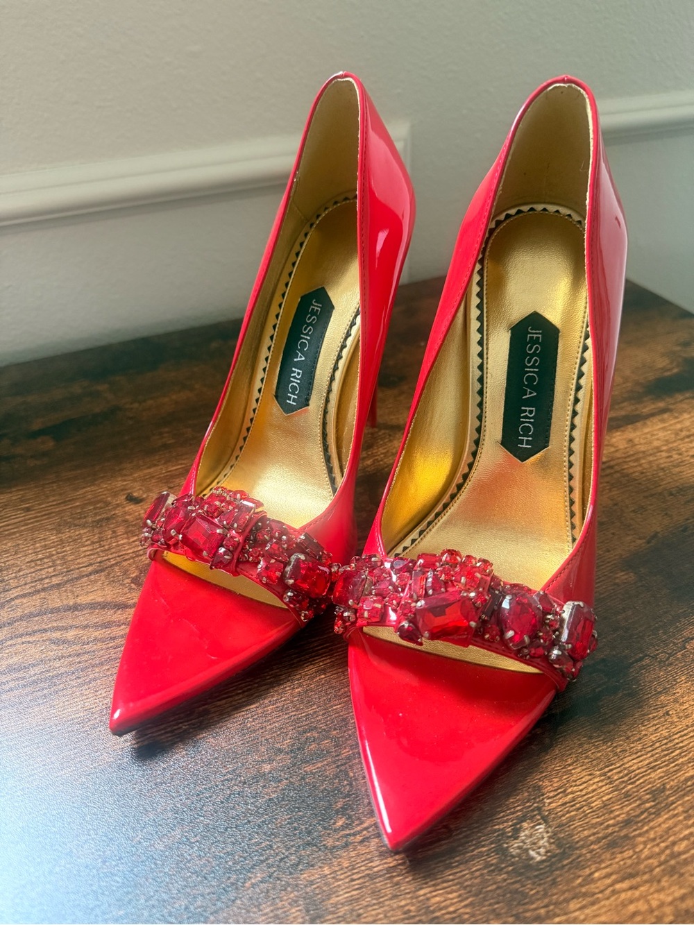 Jessica Rich Red Patent Pointed-Toe Heels with Gem Embellishment